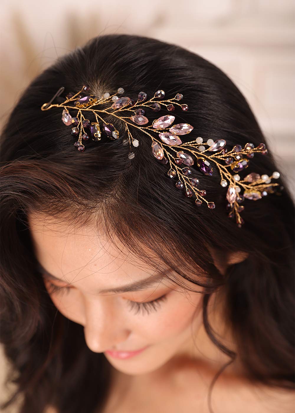 Kercisbeauty Purple and Pink Crysal Short Hair Piece for Women and Girls Gold Side Headband Wedding Bridal Bridesmaid Boho Jewelry