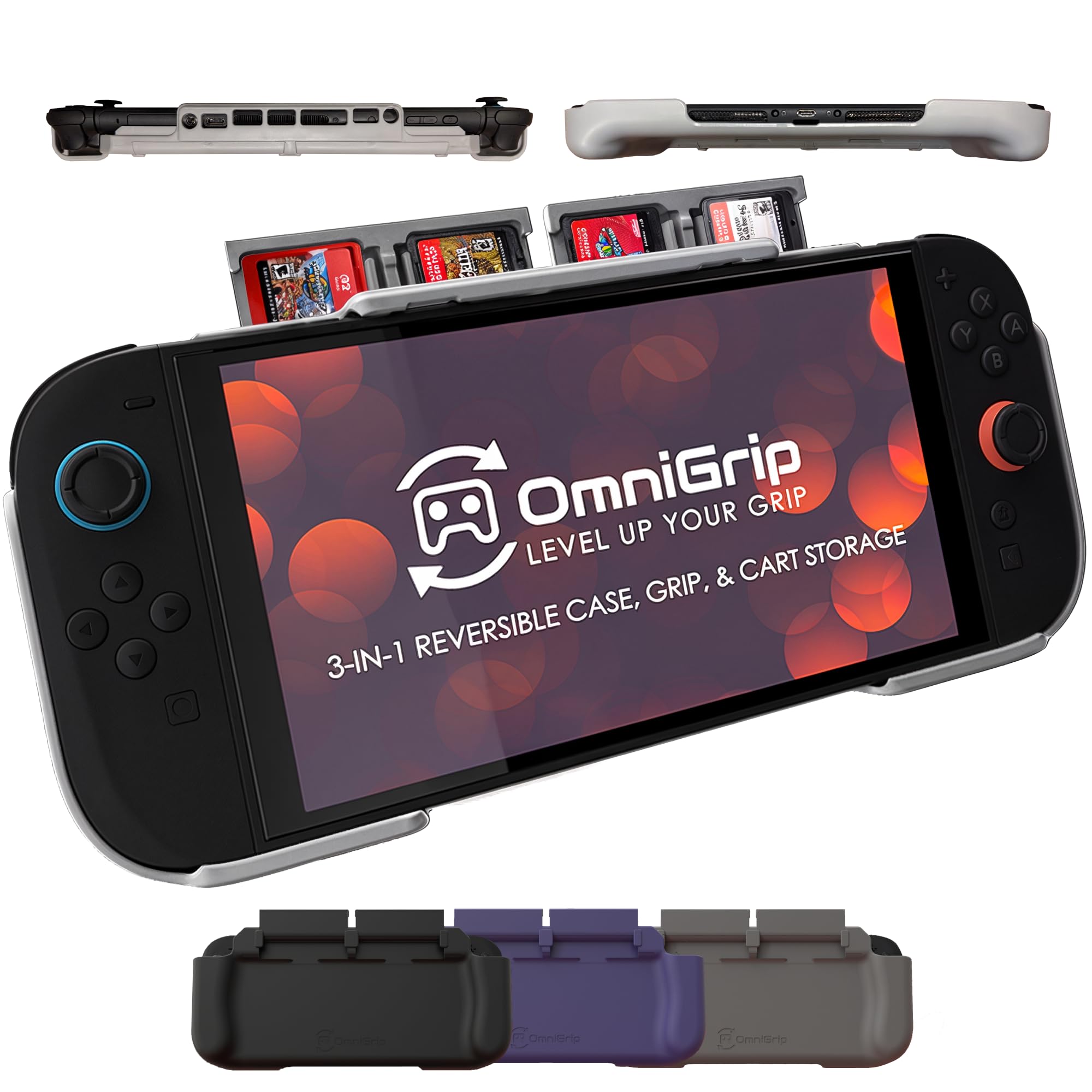 OmniGrip 3-in-1 Nintendo Switch 2 Grip Case & Reversible Switch Cover, Ergonomic Handheld Grip – 4-Game Card Storage, Secure Joy-Con Lock, Low-Profile Shell, Scratch & Dust Console Protection – Gray