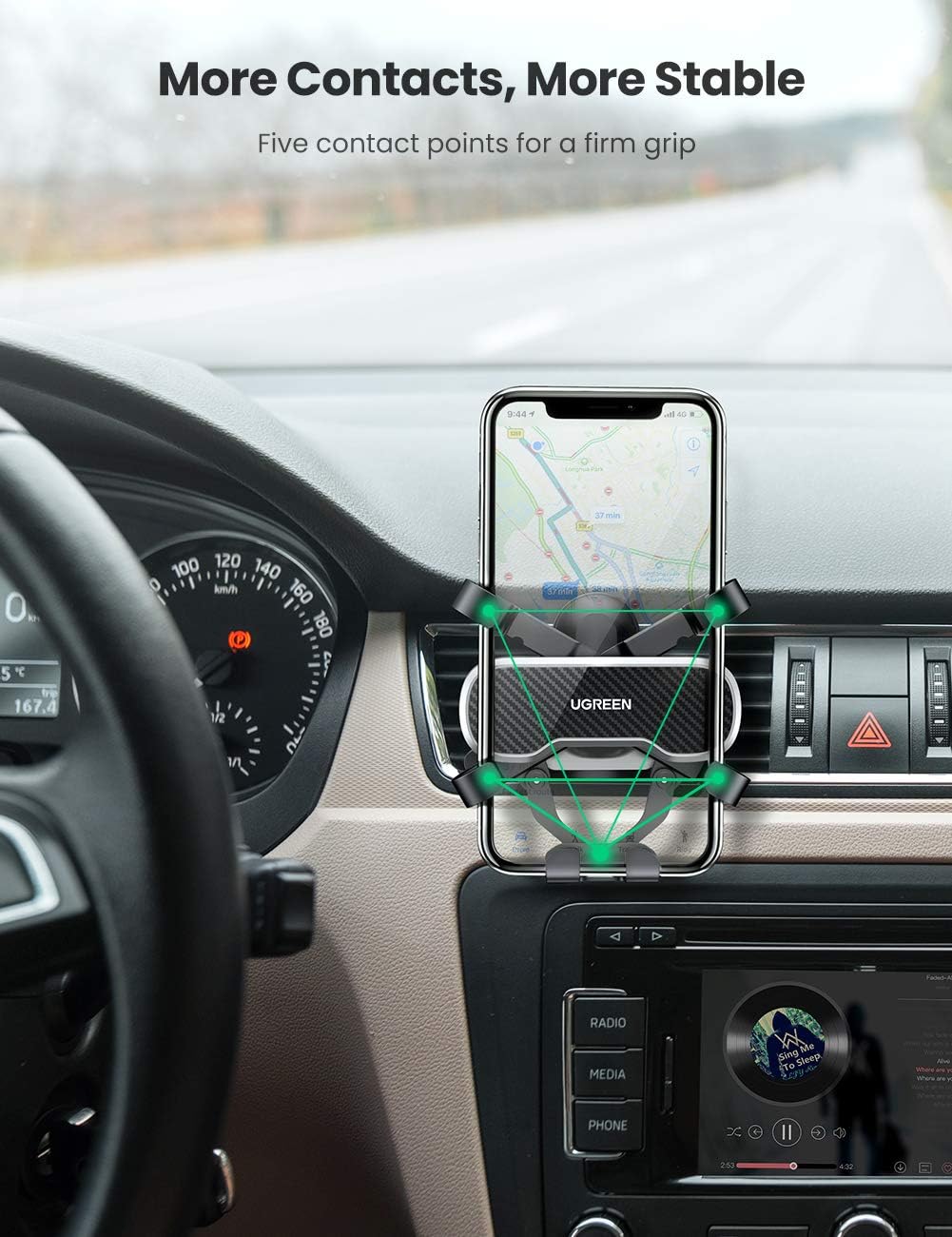 UGREEN Car Mount for Smartphones (A70, S10, Huawei P30, P30, Huawei P50, iPhone, S21) with Tripod or Vent Mount - Black - Image 3
