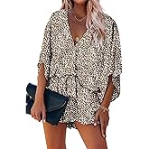 PRETTYGARDEN Women's Leopard Print Shorts Jumpsuit Wrap V Neck 3/4 Sleeve Casual Loose Oversized Romper With Pockets
