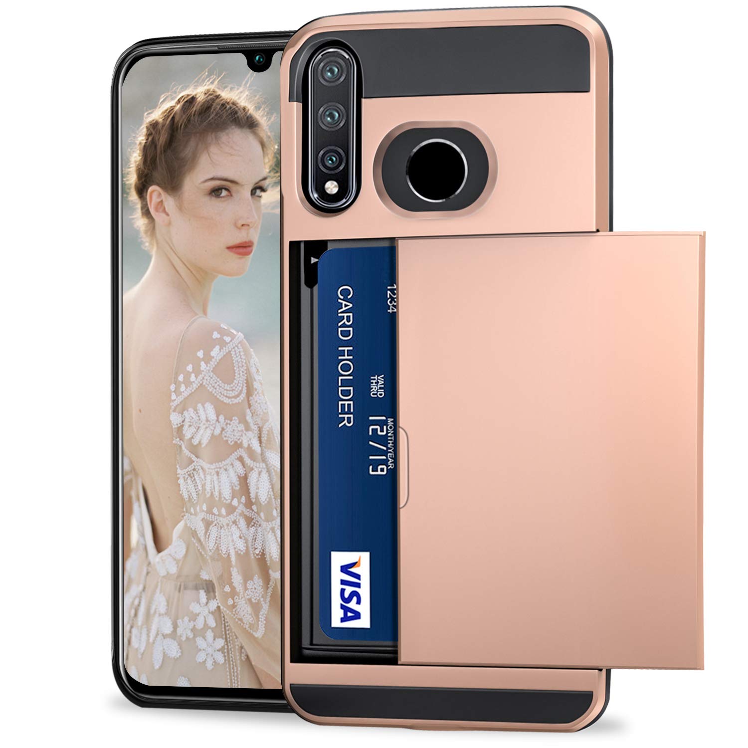 Vunake for Huawei P30 Lite Case with Card Holder Armor Shockproof Heavy Duty Wallet Case Rubber Bumper Protective Cover for Huawei P30 Lite, Rose Gold