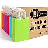 Dyrfolm 100 Pack Paper Gift Bags, Kraft Paper Party Favor Bags with Handles, Assorted Colors Gift bags with Handles, Small Goodie Bags for Kids Birthday Wedding Parties (6 Colors, 5.9"3.15"8.2")