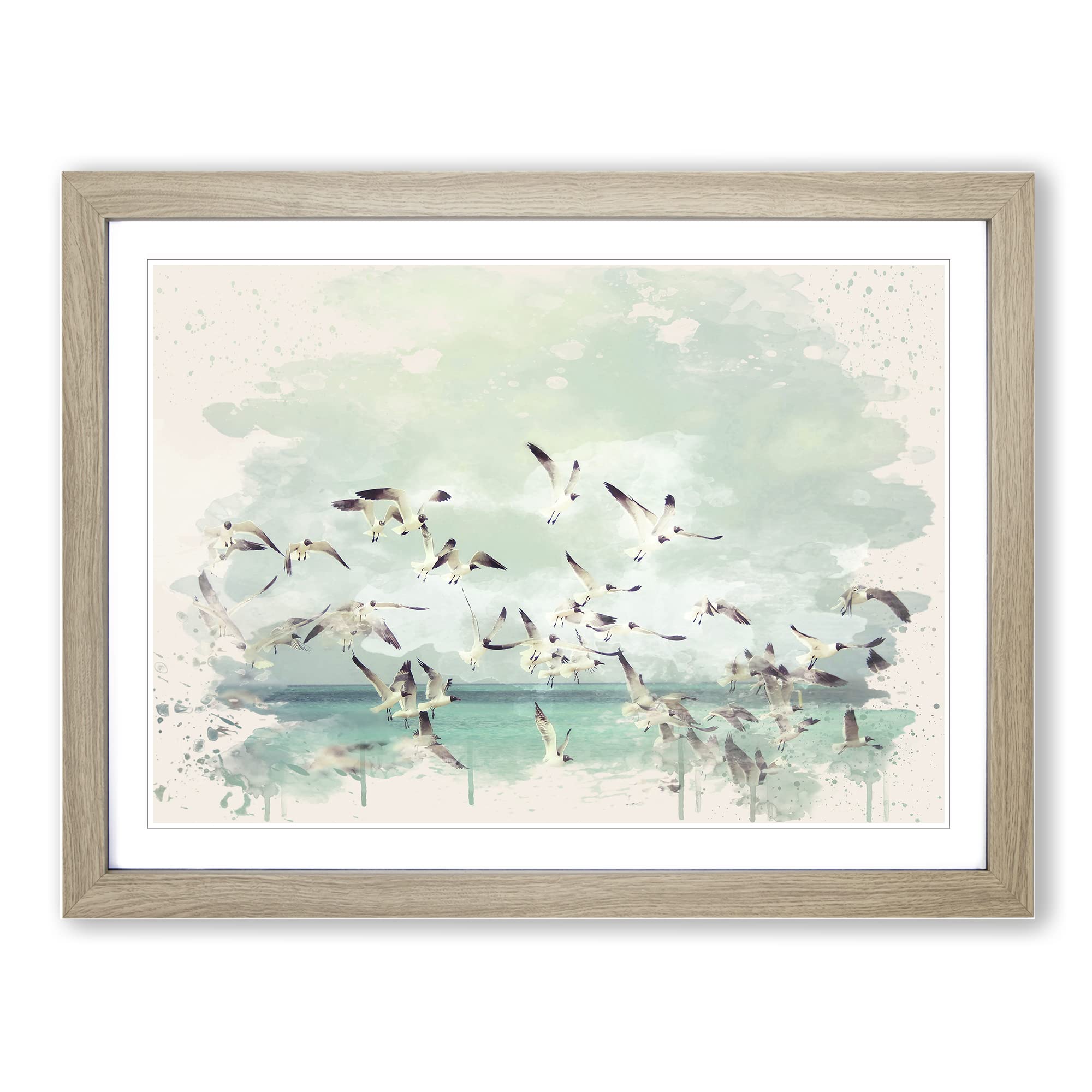 Seagulls Over the Sea Modern FC Framed Wall Art Print, Ready to Hang Picture for Living Room Bedroom Home Office Décor, Oak A4 (34 x 25 cm)