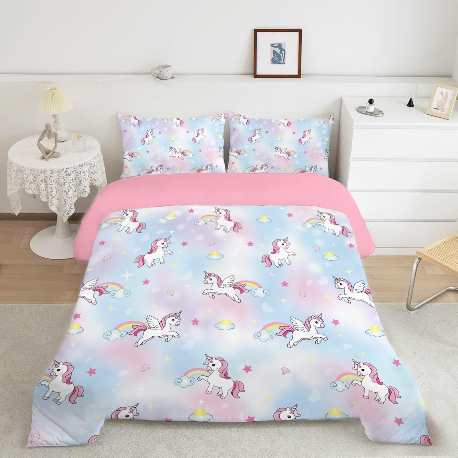 INTOMENG Unicorn Bedding Kids Double Duvet Set for Girls Pink Blue Bedding Quilt Cover Set 200×200cm Microfibre Duvet Covers and 2 Pillowcases 50×75cm 3D Printing Crown Auspicious Cloud Pattern