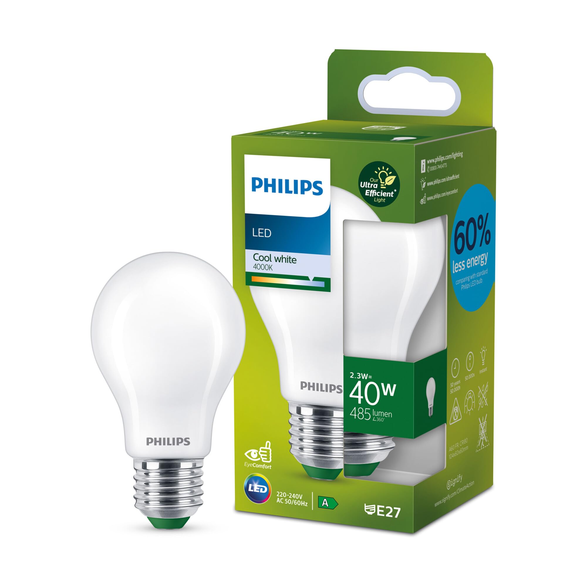 Philips Ultra Efficient - Ultra energy saving lights, E27 LED light source, 40W, A60, cool white, pack of 1, frosted — image 1