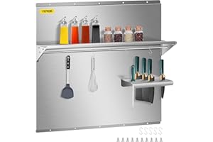 VEVOR Range Backsplash with Shelf 36 x 30.7 Inch Range Hood Wall Shield, Stainless Steel Backsplash Silver Splash Plate for Range Hood Stainless Backsplash with Built-in Storage Shelf and Hanging Rack
