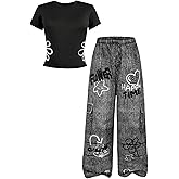RoseSeek Girl's 2 Piece Summer Outfits Floral Graphic Tees and Wide Leg Pants Set Cute Clothes Streetwear