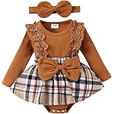 KAFIREN Baby Girl Clothes Fall Winter Outfit Plaid Romper Long Sleeve Dress Lace Ruffles Bodysuit with Bow Headband
