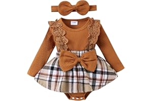 KAFIREN Baby Girl Clothes Fall Winter Outfit Plaid Romper Long Sleeve Dress Lace Ruffles Bodysuit with Bow Headband