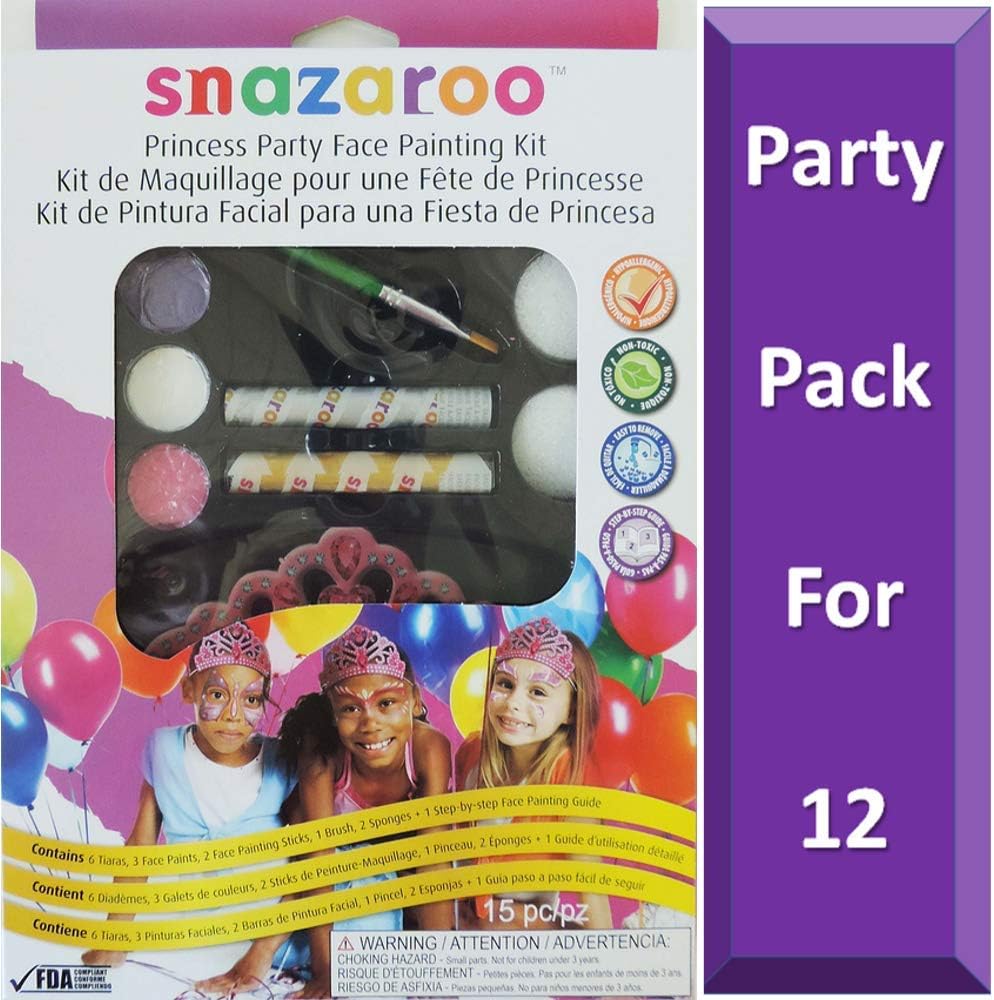 Snazaroo Princess Party Supplies Face Painting - Party Kit for 12 | Includes Tiaras Painting Sticks Sponges Guide | Princess Party Supplies and Decorations