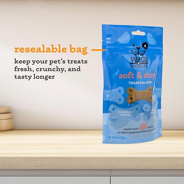 WAGS & WIGGLES SOFT & SHINY TREATS FOR DOGS, CHICKEN FLAVOR – SKIN & COAT SUPPORT FUNCTIONAL TREATS FOR DOGS WITH SALMON FOR SKIN HEALTH, RESEALABLE BAG, 5.5 OUNCE