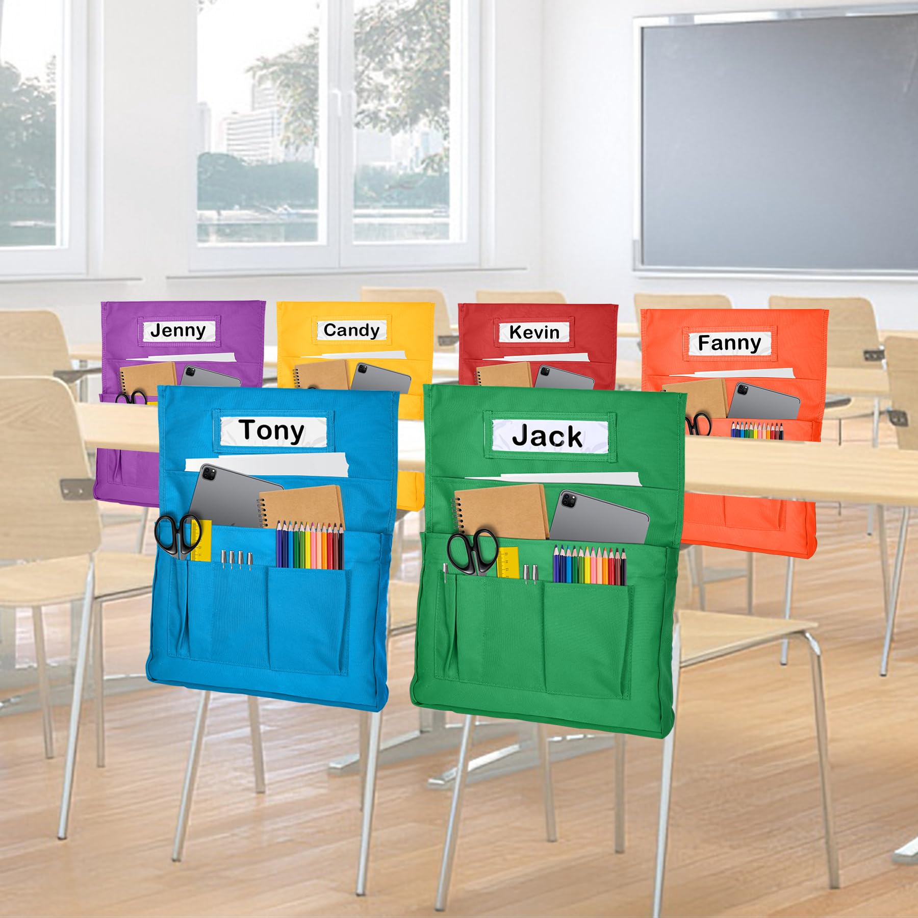 Photo 1 of 24PCS Chair Pockets for Classrooms, 15.3 x 19.3 Inch Chairback Buddy Organizer with 6 Pockets & 6 Bright Colors, Large Ample Back of Chair Seat Storage with Name Slot for School, Kindergarten, Home