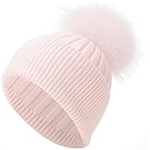 EASTER BARTHE Women's Real Fur Pom Pom Cashmere Blend Winter Ribbed Knit Cuffed Beanie Skull Cap Hat with Fur Pom Beanie Hat