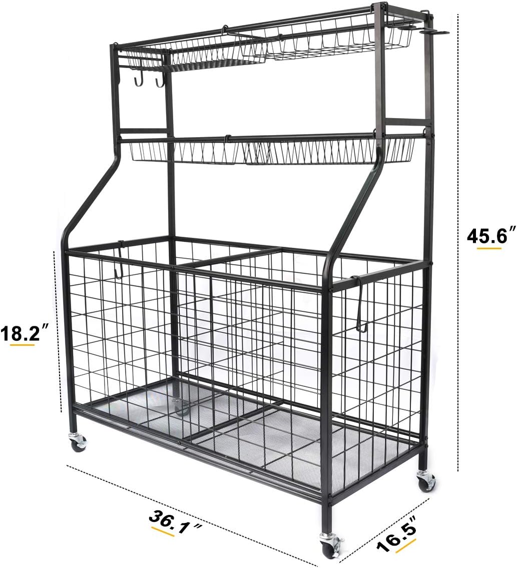 Kinghouse Garage Sports Equipment Organizer, Ball Storage Rack, Garage Ball Storage, Sports Gear Storage, Garage Organizer with Baskets and Hooks, Rolling Sports Ball Storage Cart, Black, Steel: Sports & Outdoors