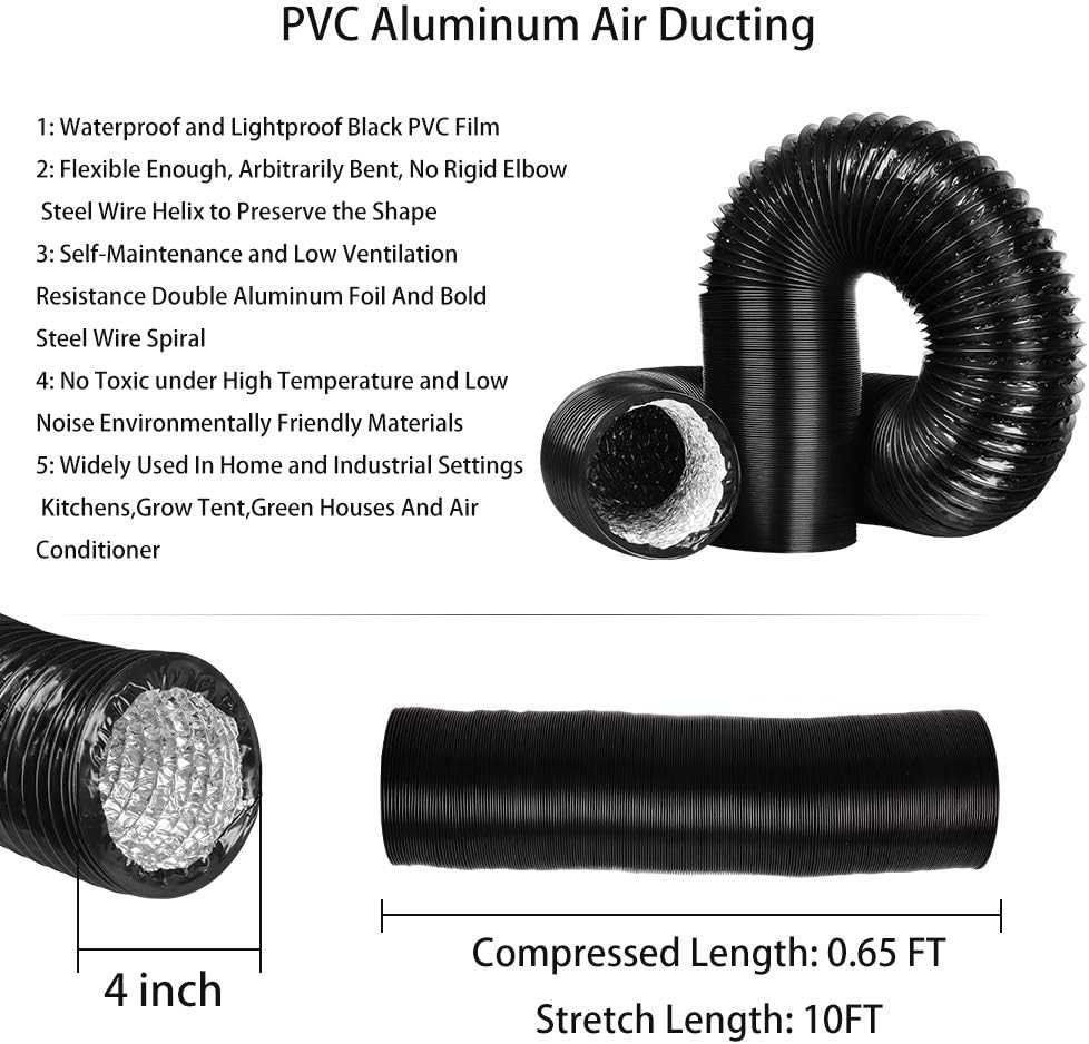 Omont Aluminum Flexible Ducting 4 Inch 10FT PVC Air Duct with 2 Clamps Great for Dryer Rooms, Grow Tents, Kitchen,Portable Air Conditioner: Home Improvement