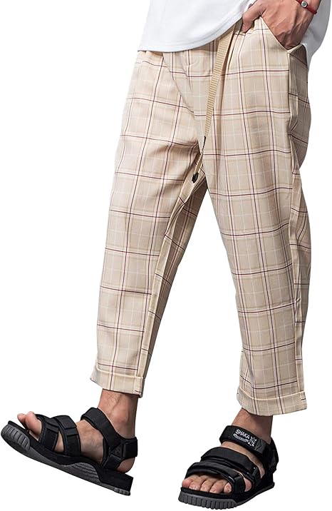 Amazon Minority Select メンズ ワイドパンツ 韓国ファッション チェック柄 テーパードパンツ M ベージュ ロングパンツ 通販