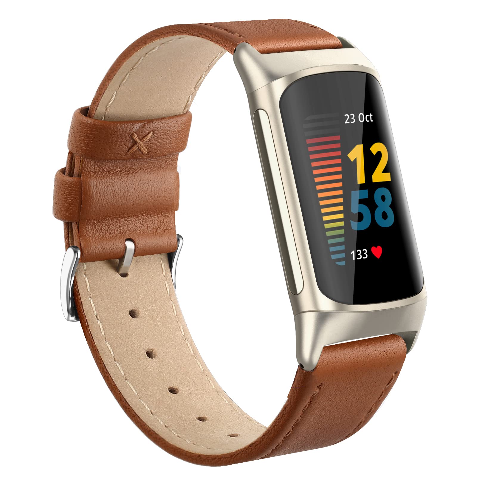 Tuocal Genuine Leather Strap Compatible with Fitbit Charge 6 & 5, Soft Breathable Leather Replacement Strap for Women & Men