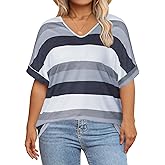 DOLNINE Plus Size Tops for Women V Neck Color Block Striped Tshirts Loose Fit Short Sleeve Shirts Casual Summer Tunic Tees