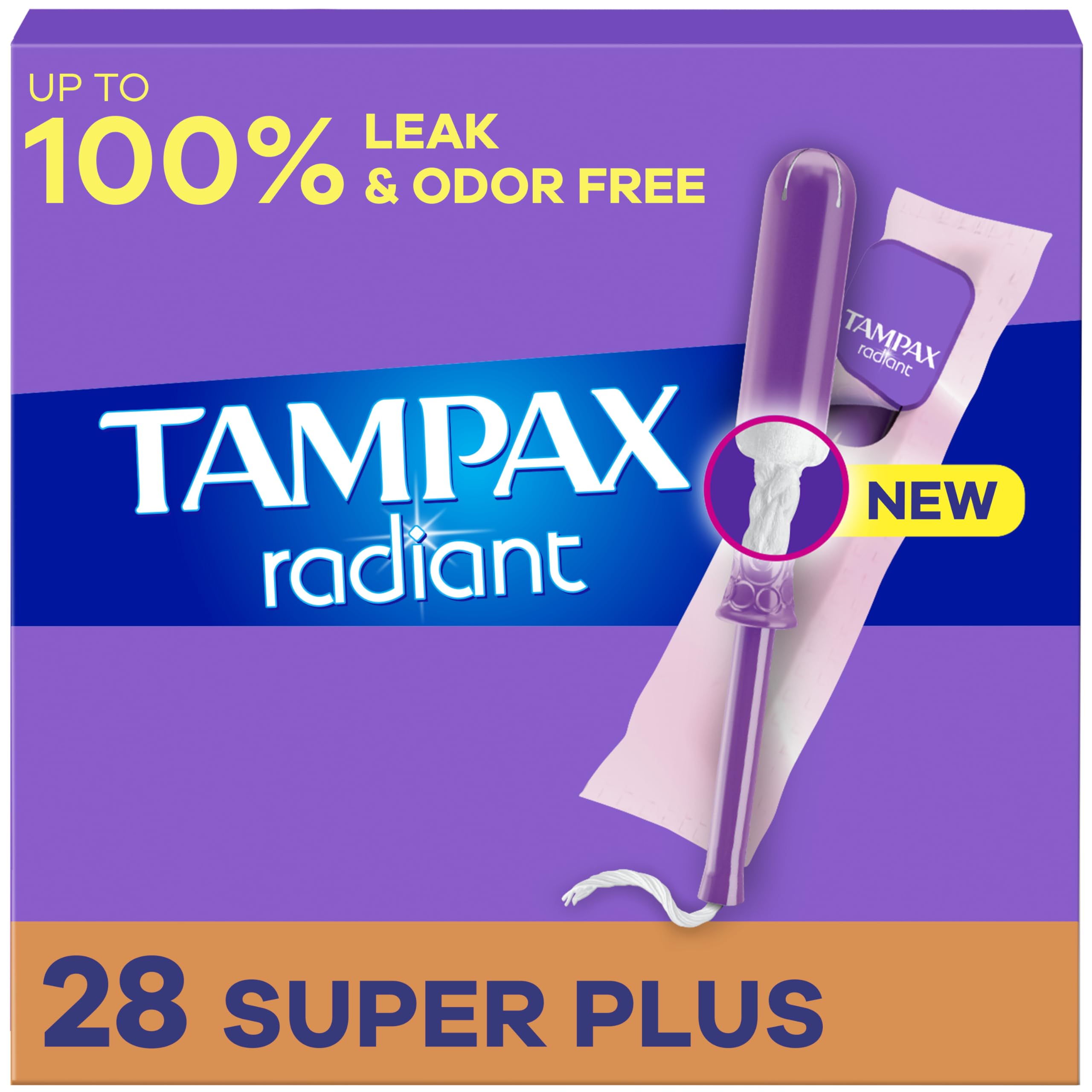 Tampax Radiant Tampons, with LeakGuard Braid, Super Plus Absorbency, Unscented, 28 Count