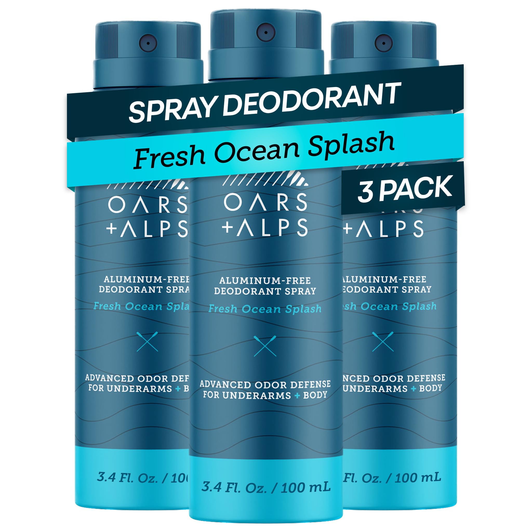 Oars + Alps Full Body Deodorant Spray for Men & Women, Aluminum Free Deodorant Men Spray, Dermatologist Tested, Clean Ingredients, Long Lasting, Odor Protection, Fresh Ocean Splash, 3pk