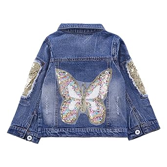 CYSTYLE Frühjahr Herbst Kinder Mädchen Schmetterlinge Langarm Denim Jeansjacke Jacket Übergangsjacke mit Pailletten