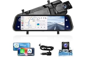 Mirror Dash Cam Wireless Apple Carplay Android Auto, Rimoody 9.66 inch Touch Screen Voice Control Rear View Mirror 1080P Front and Rear Cameras,Night Vision, Parking Assistance/Monitoring