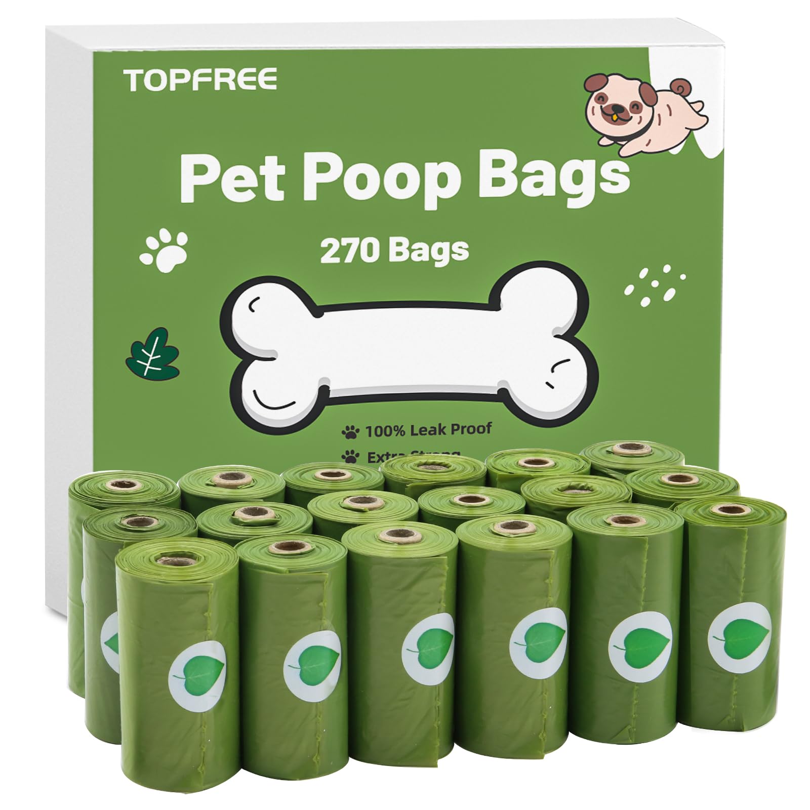 Topfree Poo Bags for Dog Waste, 18 Rolls 270 Dog Poop Bags, Super Strong 100% Leak Proof (Green)