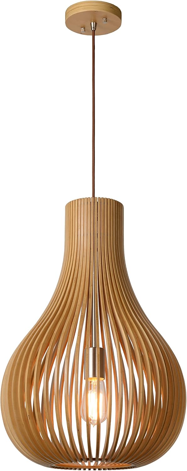 LUCIDE BODO - Pendant Light - diameter 38 cm - 1xE27 - Light Wood, Light Wood Look, 38 x 38 x 195 cm