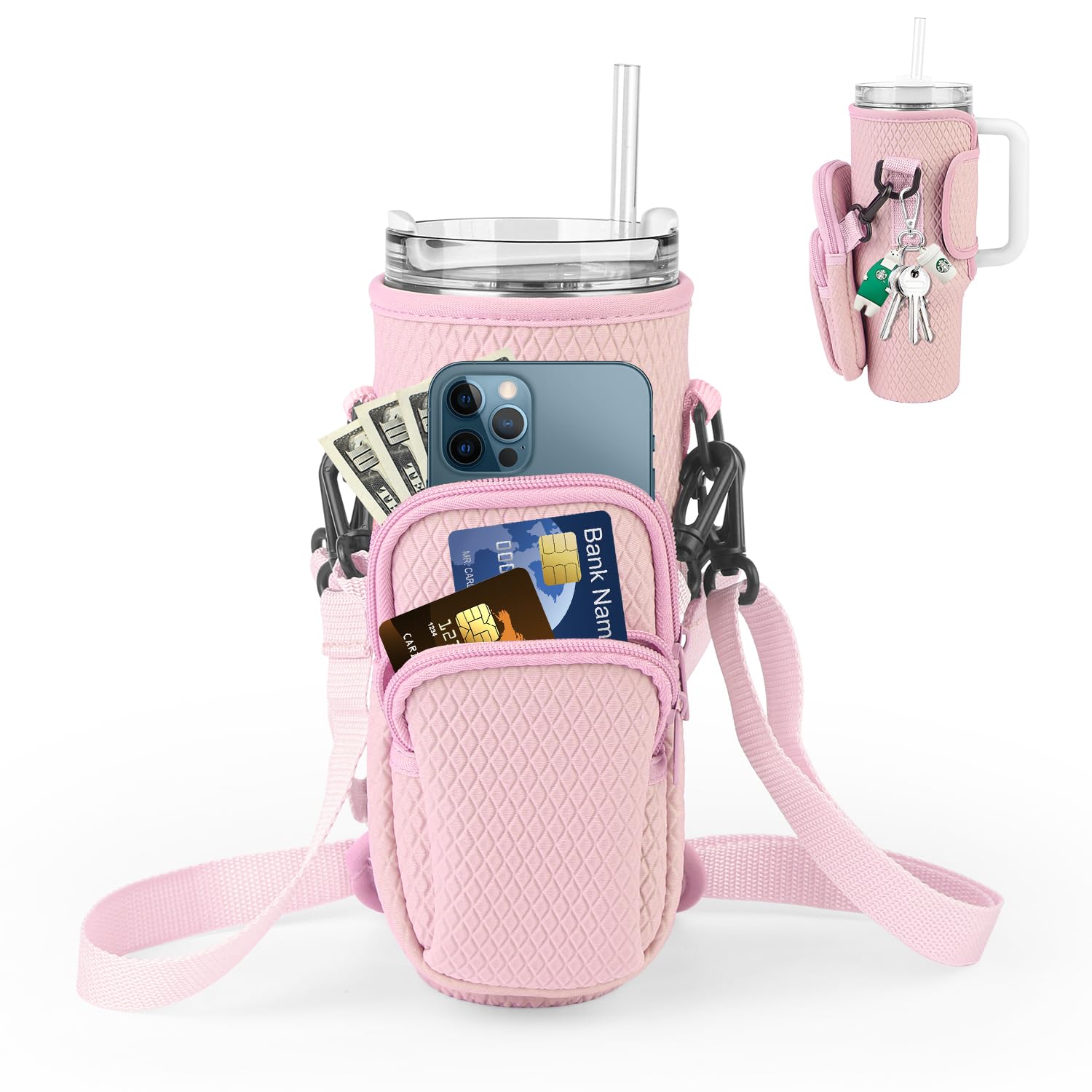 Tyasoleil Water Bottle Carrier Bag for Stanley 40oz Tumbler, Water Bottle Holder with Phone Pocket And Adjustable Strap, Stanley Cup Accessories