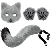 Merkaunis 4 Pcs Therian Mask Paw and Tail Set, Plush Mask Fluffy Paw Gloves for Adult Men Women, Faux Fur Fox Tail Cat Wolf Cosplay Costume Set for Halloween Christmas Party Cosplay, Grey