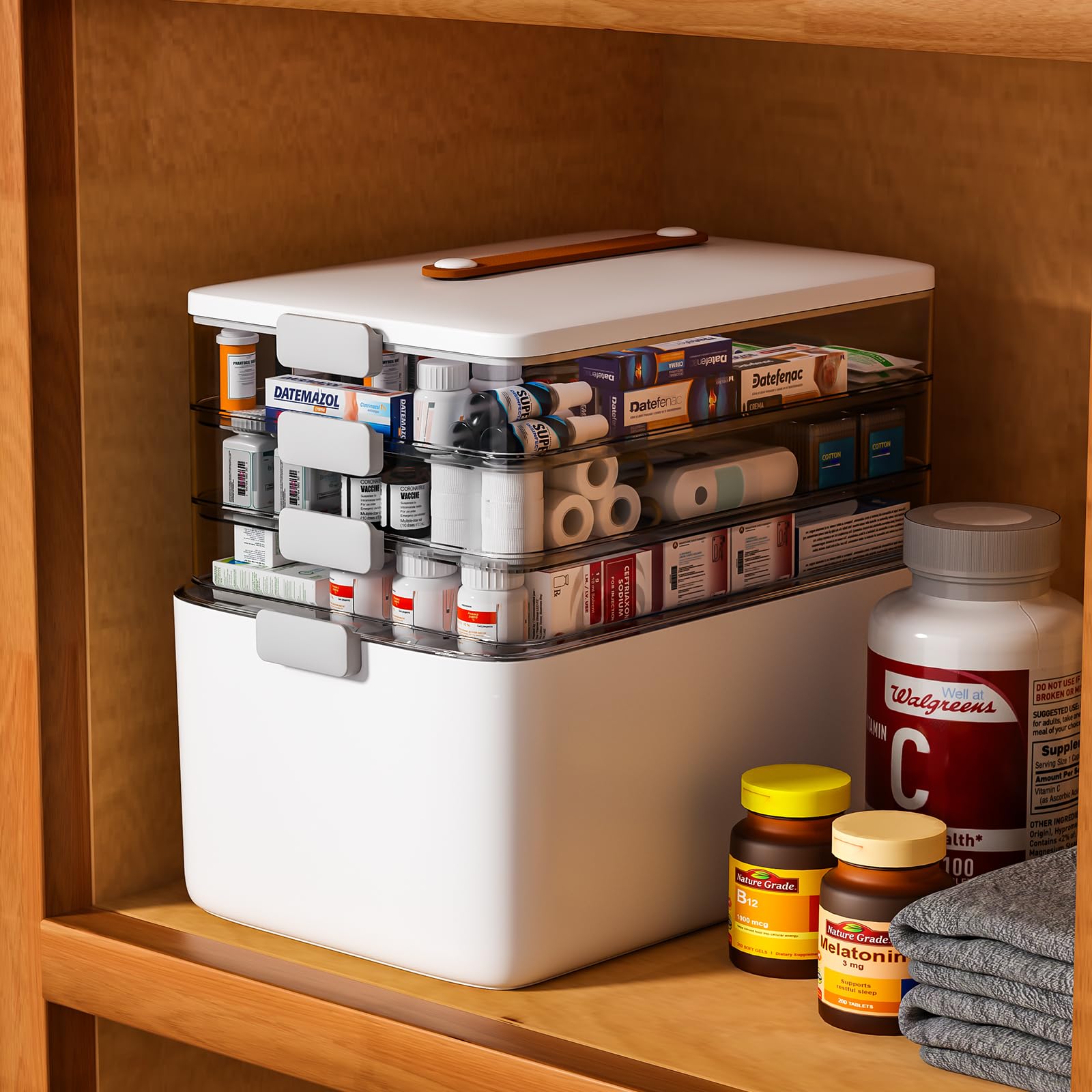 funest 3-Tier Medicine Storage Box Cabinet, Empty First Aid Kit Portable Medical Supply Organizer with Leather Handle for Home