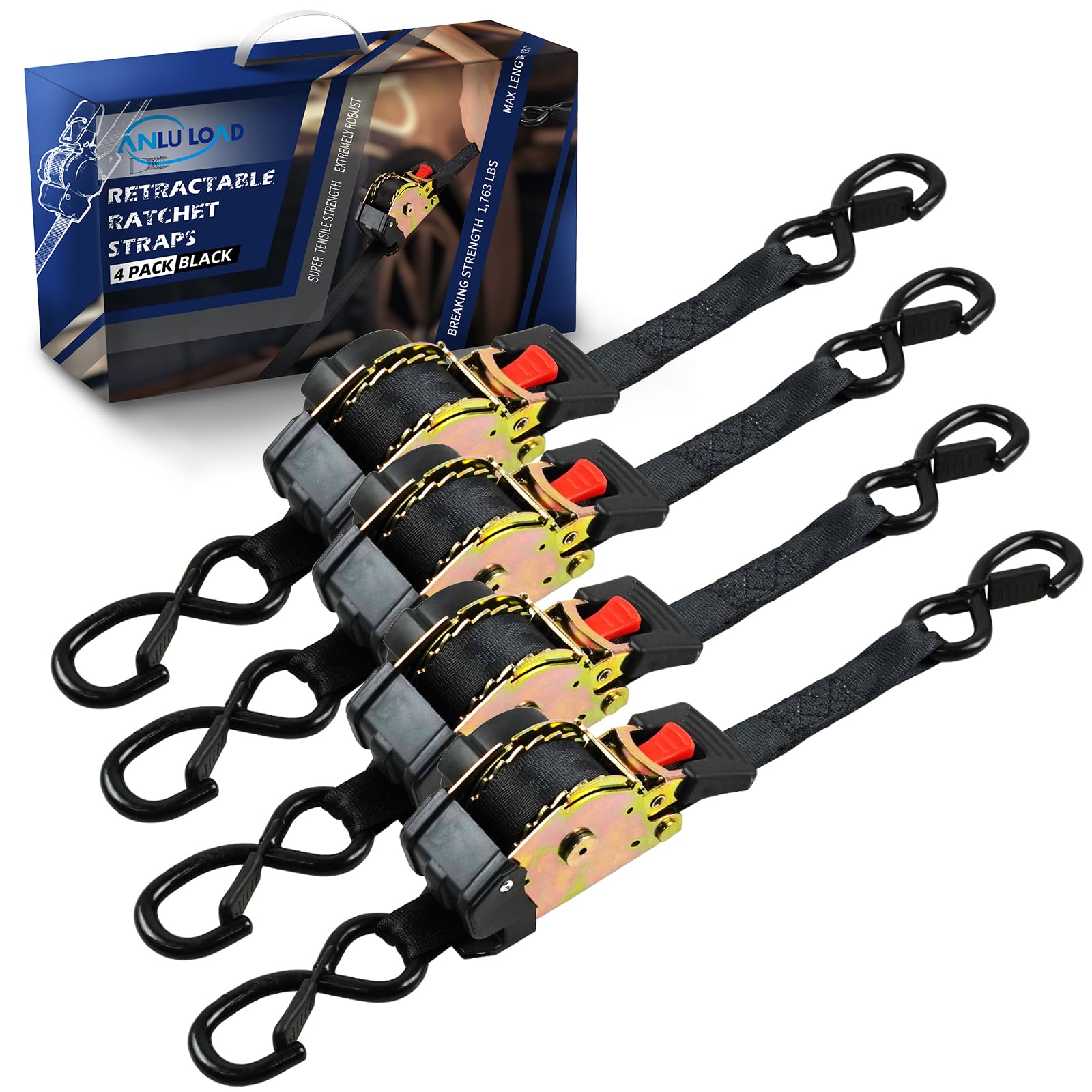 Photo 1 of ANLULOAD Retractable Ratchet Strap,?1In*9.84Ft? S Hook Retractable Tie Down Strap for Motorcycles, Boats,Atvs,Utvs. BS:1763lbs