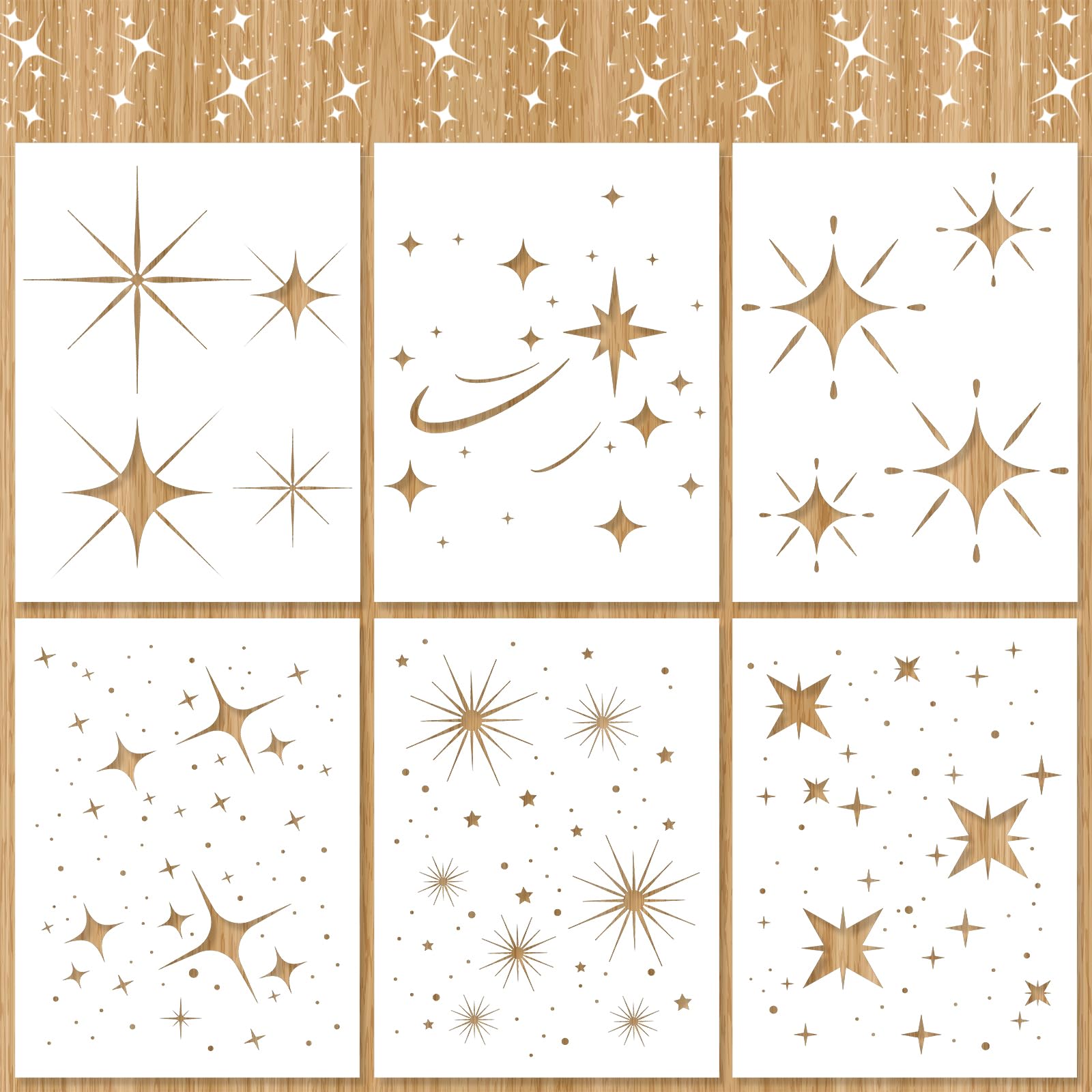 6pcs Twinkle Star Stencils, Reusable Star Stencils for Painting Flexible Star Templates for Painting Drawing Stencils for Painting on Wall Wood Craft Furniture Decoration