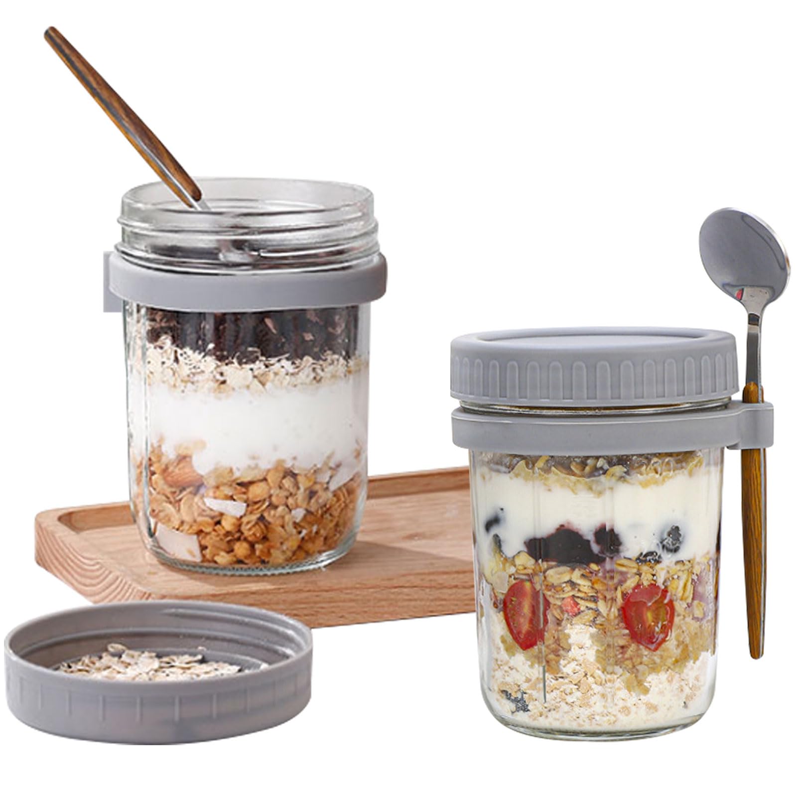 Jogoico Overnight Oats Jars 2Pack Overnight Oats Containers with Lid & Spoon, 12 oz Large Capacity Airtight Jars with Measurement Mark, Glass Mason Jars for Oatmeal Cereal Milk Fruit Chia Yogurt- Gray — image 1