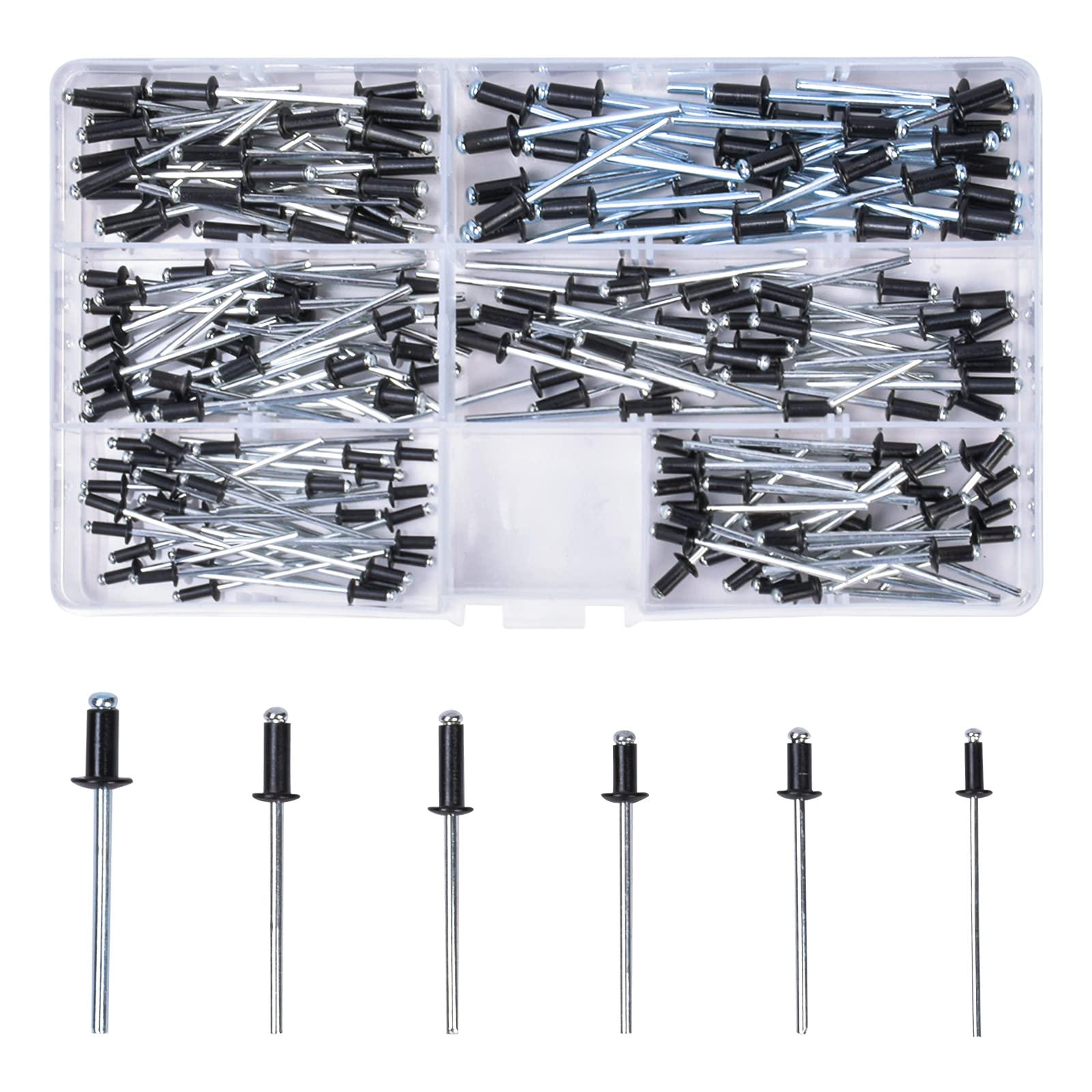 180Pcs Aluminum Blind Rivets Multi Sizes Black Pop Rivet Dome Head Open End Riveting Round Core-Pulling Flange Blind Rivets with Box for Metal Wood Plastic Furniture M4 M3 M3.2 M2.4 Assortment Kit