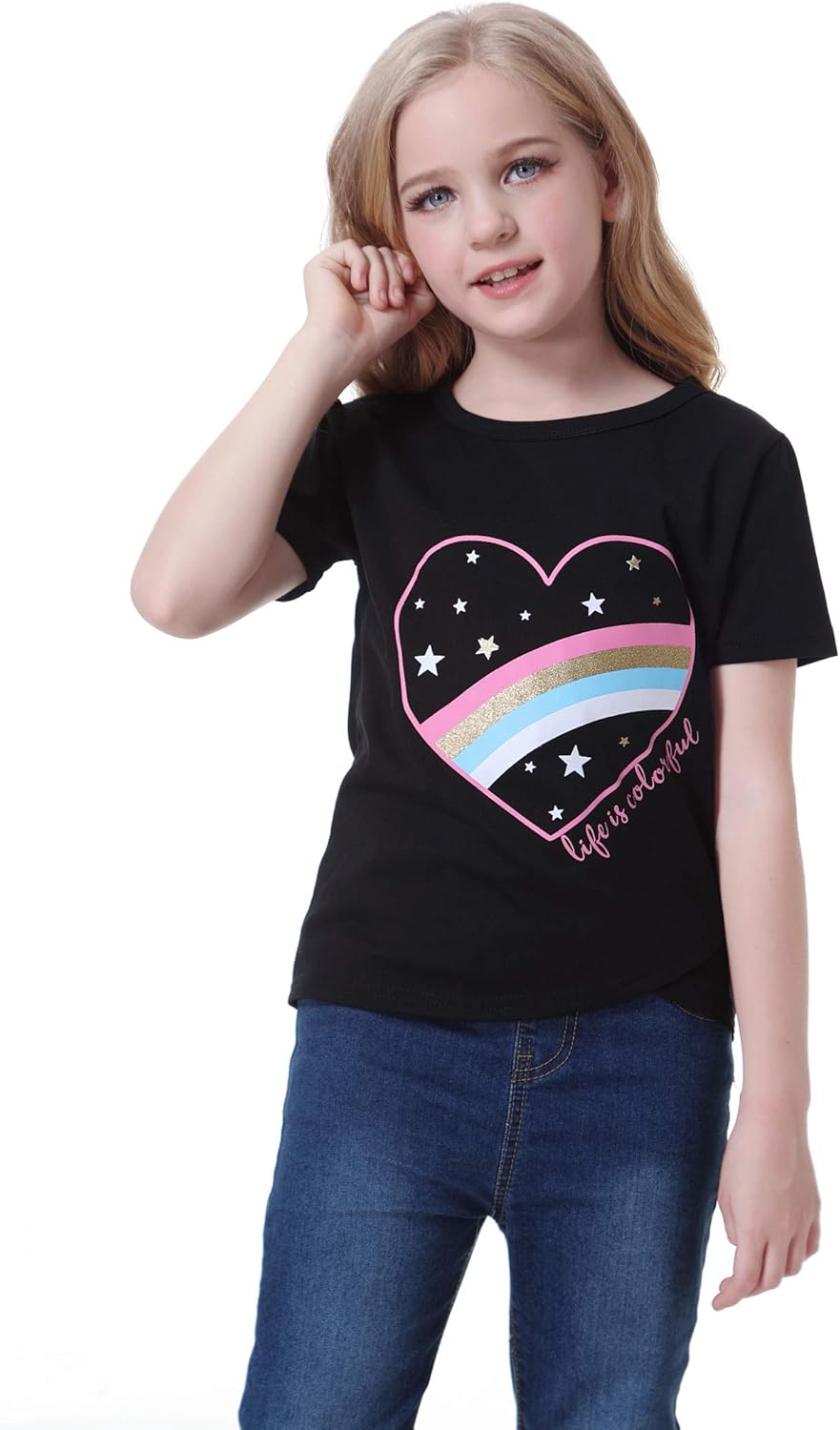 MyFav Girls Casual Short Sleeve Cute Print T-Shirts Round Neck Loose Tunic Tops for 6-15 Years: Clothing