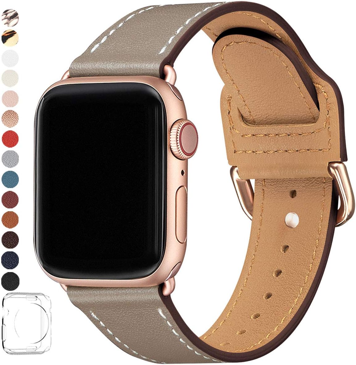 POWER PRIMACY Bands Compatible with Apple Watch Band 38mm 40mm 42mm 44mm, Top Grain Leather Smart Watch Strap Compatible for Men Women iWatch Series 5 4 3 2 1(Taupe/Rosegold,38mm/40mm)