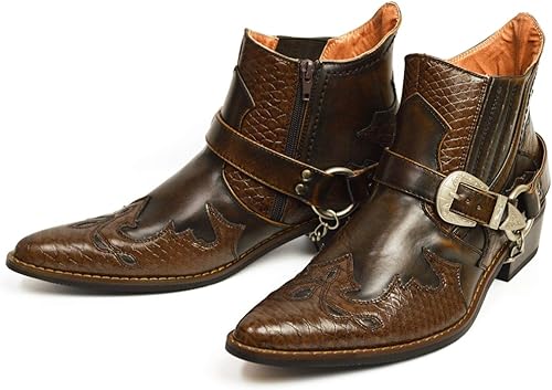 Amazon ジーノ ウエスタンブーツ ショートブーツ サイドゴア メンズ ブーツ ヴィンテージテイスト ジッパー ポインテッドトゥ バックル パイソン柄 Zeeno ジーノ ブーツ