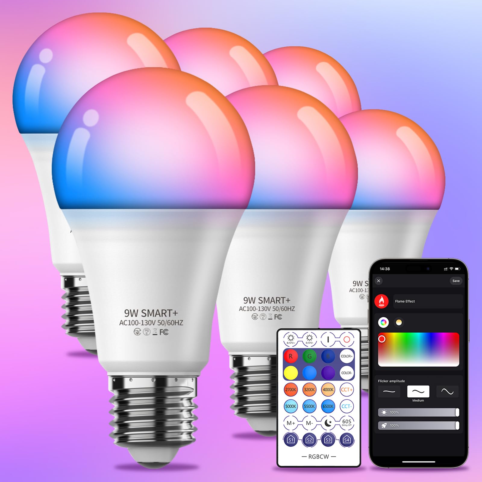 Photo 1 of Smart Light Bulbs 6Pack with Remote, Color Changing Light Bulbs Work w/Alexa Google Home, 9W A19 E26 800LM Colored LED Bulb, 2.4GHz Only, 50+ DIY Scenes, App & Voice Control WiFi Light Bulbs