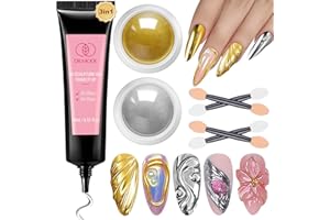 DRMODE 3D Nail Gel and Chrome Nail Powder Kit, 3 in 1 No Wipe Clear 3D Sculpting Gel for Nail Art Carving Molding Rhinestone Glue 15g, Gold Silver Metallic Mirror Nail Chrome Powder Glitter for Manicure