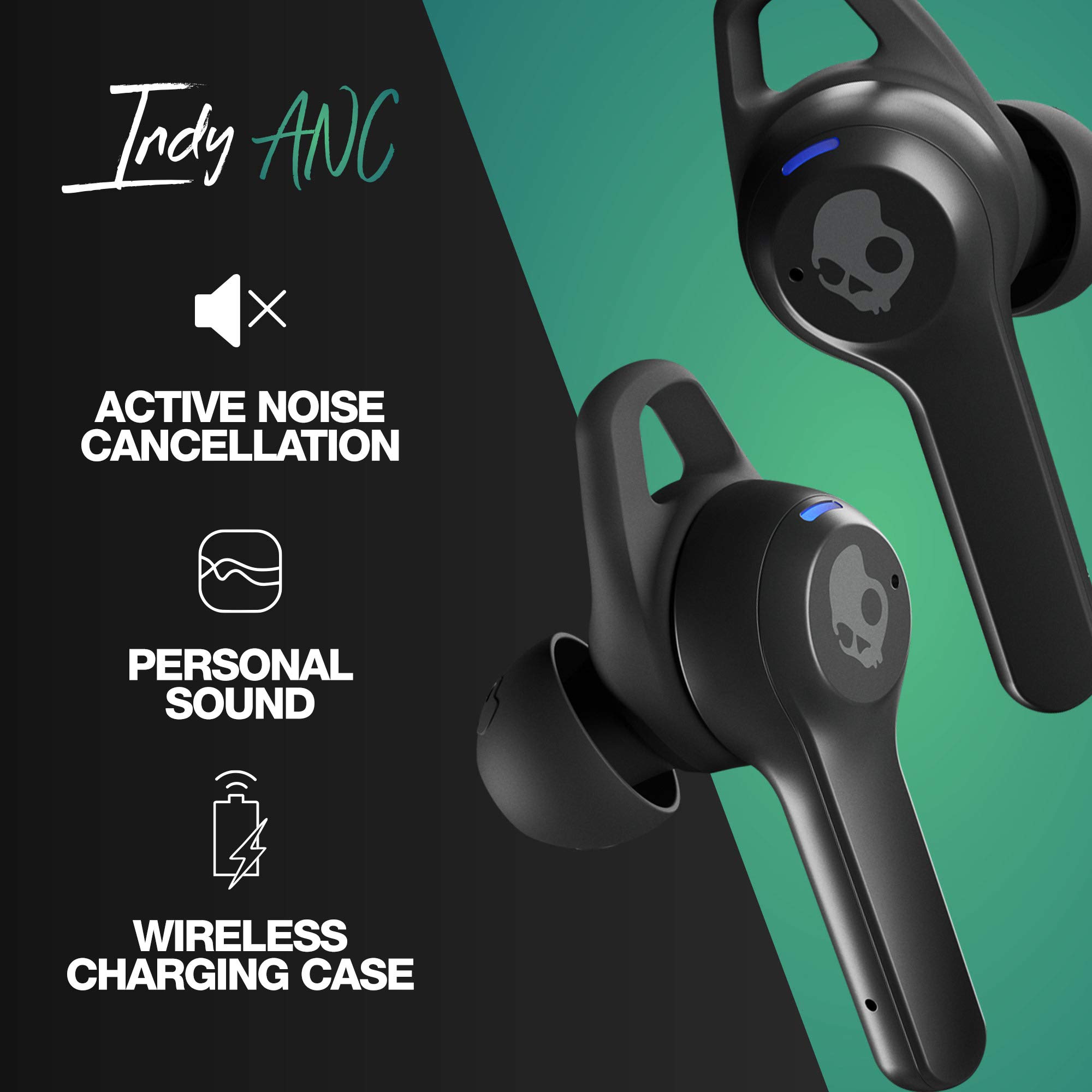 Skullcandy Indy ANC in-Ear Noise Canceling True Wireless Earbuds, 32 Hour Battery, Microphone, Works with iPhone Android and Bluetooth Devices - Black