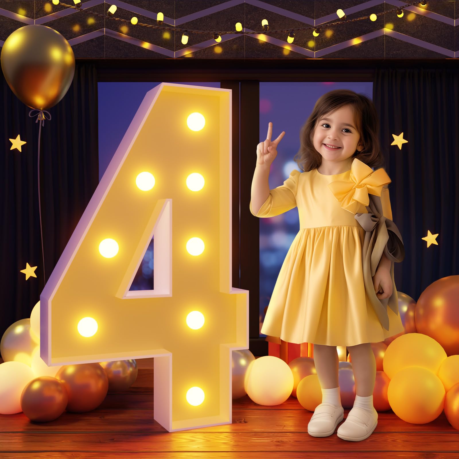 Photo 1 of Marquee Numbers 3 Feet Tall Large Light Up Numbers 4th 14th 24th Four Ever Sweet Birthday Decorations Girl Boy Big Yellow Light Outdoor Anniversary Decorations Balloon Arch Kit Party Backdrop 4