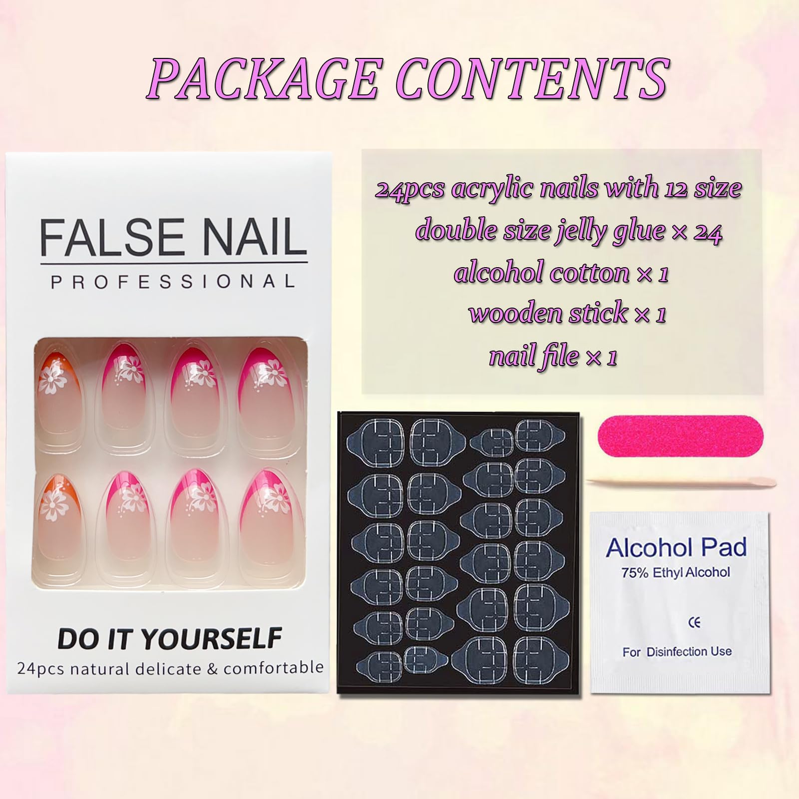 OHWODA Flower Press ons Medium Almond False Nails with White Flowers French Tip Designs Summer Full Cover Cute Stick on Nails Kit - Image 6