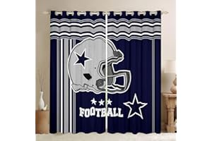 HOMEWISH American Football Window Curtains,Western Texas Star Cowboy Football Sports Window Drapes for Boys Men,Rugby Helmet Geometric Stripes Blue Window Treatments Grommet Top 2 Panel Set,52Wx84L inch
