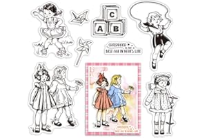 CRASPIRE SchoolClear Rubber Stamps Happy Childhood Retro Dress Lovely Woman Jump Rope Paper Airplanes Transparent Vintage Postmark Silicone Seals Stamp Journaling Card Making DIY Scrapbooking