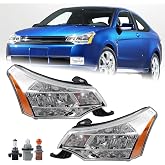 KAMDKI A Pair Headlight Fit for 2008-2011 Ford Focus S/SE/SES/SEL Chrome Housing with Amber Reflector Headlamp Assembly Left Driver&amp;Right Passenger With Bulbs 8S4Z13008F FO2502244 8S4Z13008E FO2503244