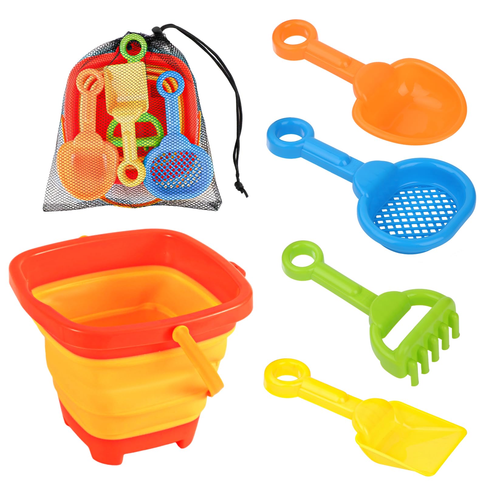 6pcs Beach Toys Set, Collapsible Bucket with 4 Shovels Sand Toys & Mesh Bag Portable Foldable Pail Bucket for Kid Toddler 1-10 Years Old Sandbox Castle Building Kit Beach Activity Accessories(Orange)