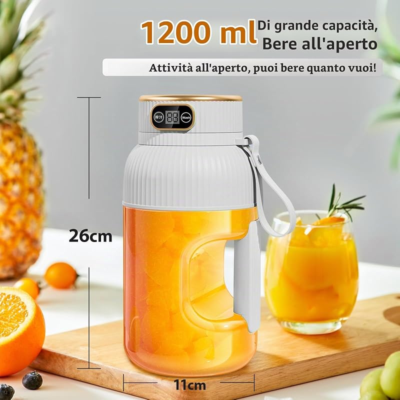 【Migliorato】Fine Life Pro Frullatore/Spremiagrumi/Mixer Portatile Ricaricabile, Nuovo 1200ML Smoothie Maker con Display Digitale per Frutta e Verdura, Due Modalità,Facile Da Pulire,Lama 3D-10,BPA Free — foto 8 di 8