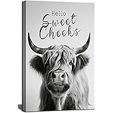 Funny Highland Cow Bathroom Canvas Wall Art Black and White Highland Cow Poster Prints Humor Animals Bathroom Painting Hello Sweet Cheeks Cow Picture Wall Decor for Washroom Bedroom 12x16in Framed