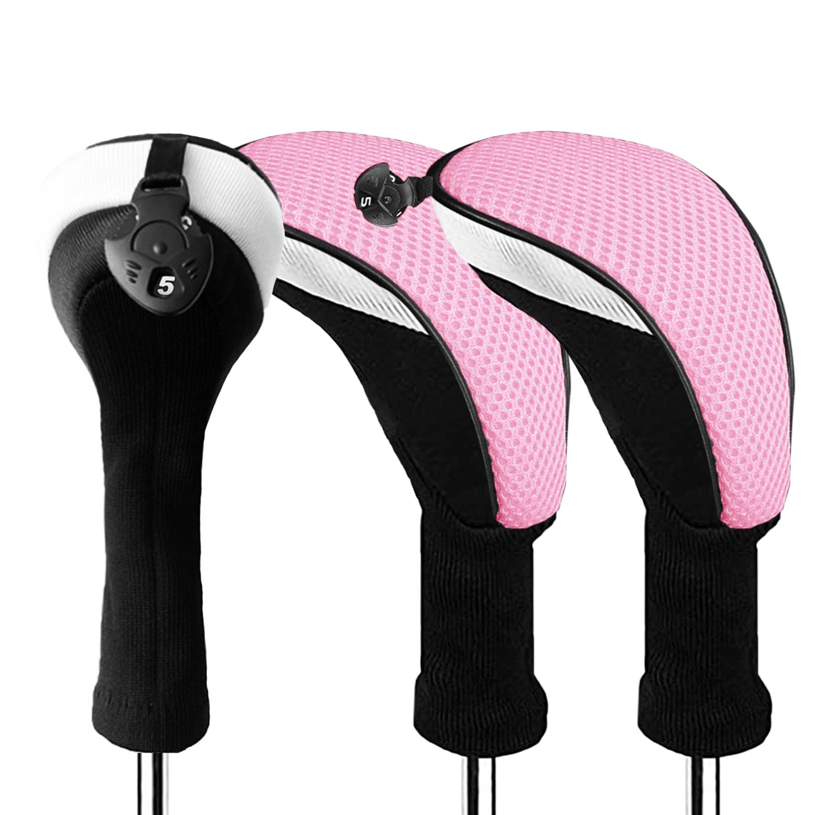 FINGER TEN Golf Club Head Covers Woods Hybrids Long Cover, Headcovers with Interchangeable No. Tags Fit All Hybrids Wood Clubs Light Durable (Pink-3 Pack Hybrid Covers)